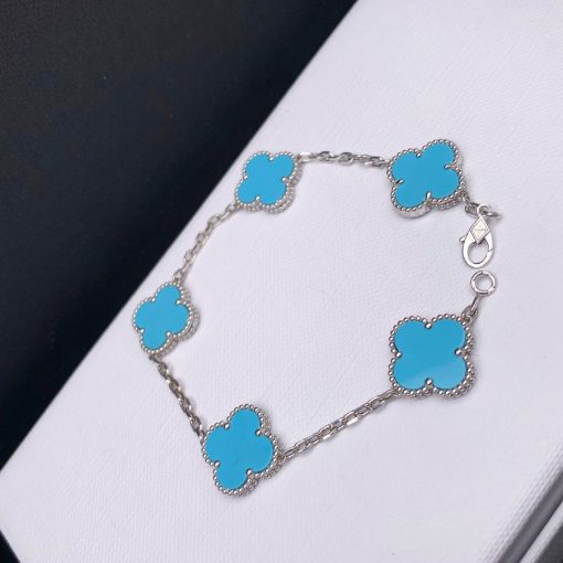 Lắc Tay Vintage Alhambra Turquoise 5 Motifs 15mm 18K BBD006-VCA